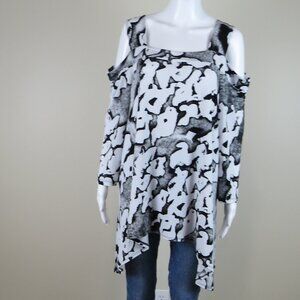 Clara Sun Woo Abstract Cold Shoulder Tunic Top SIZE 3X Stretch Knit, Artsy